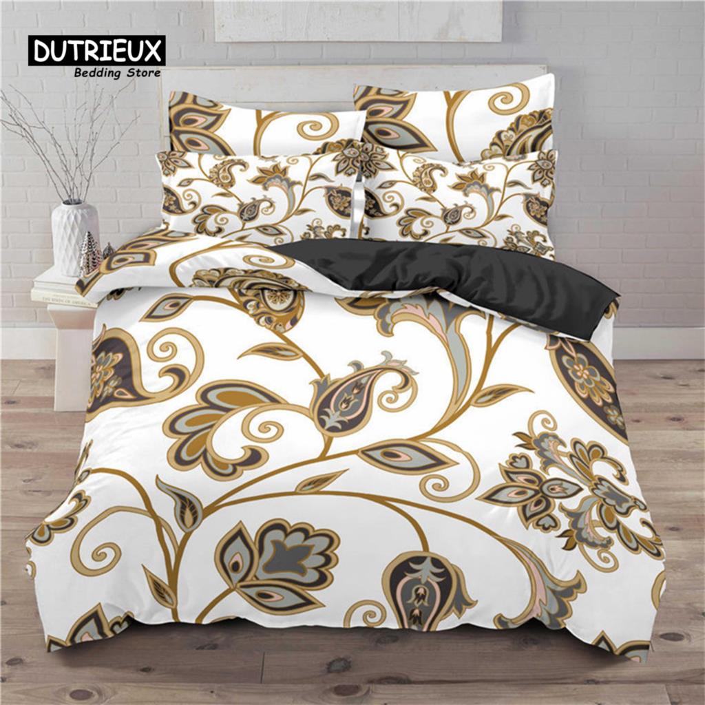 Golden Floral Bedding Set Queen Size Microfiber Bohemia Flowers Leaves 3D Print Duvet Cover For Kids Teens Adults Bedroom Decor