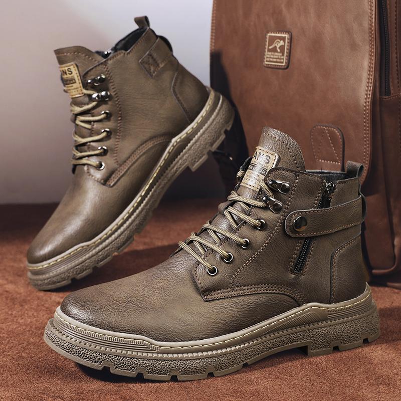 Male Warm Plush Fur Winter Boots Classic Leather Men Ankle Boots Lace-Up Non-Slip High Top Shoes Punk Style Man Motorcycle Boots