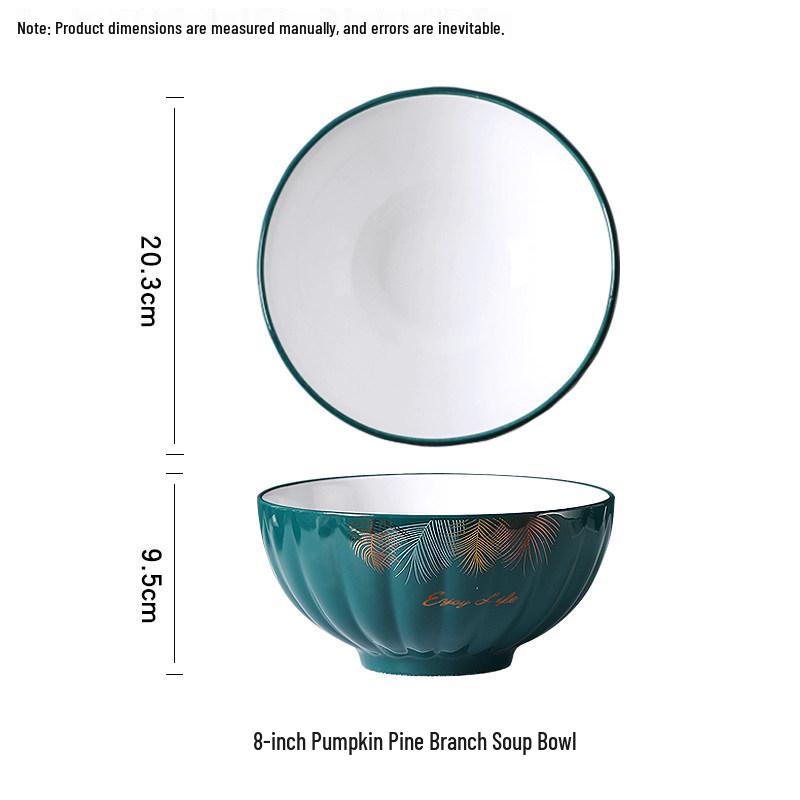Peacock Green Pumpkin Tableware Set: Rice Bowl, Plate, Soup Bowl, Noodle Bowl, Fish Plate.