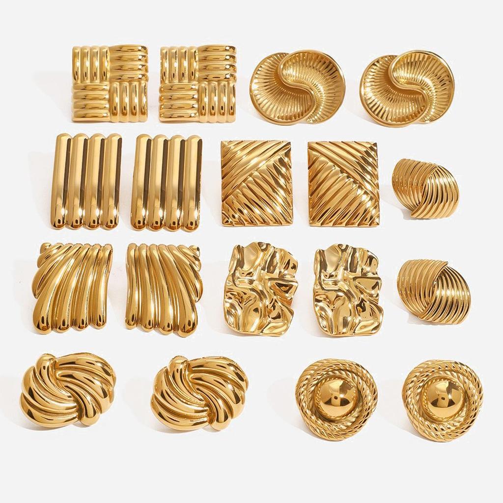 Chic Stainless Steel 18K Gold Wave Pattern Earrings - Light Luxury Geometric Studs