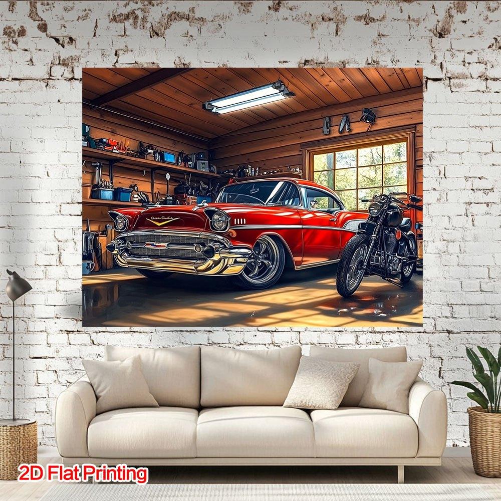 One 2D Flat-print Vintage Car Photography Backdrop Fabric, Made of Polyester, Suitable for Home, Garden or Studio Use.