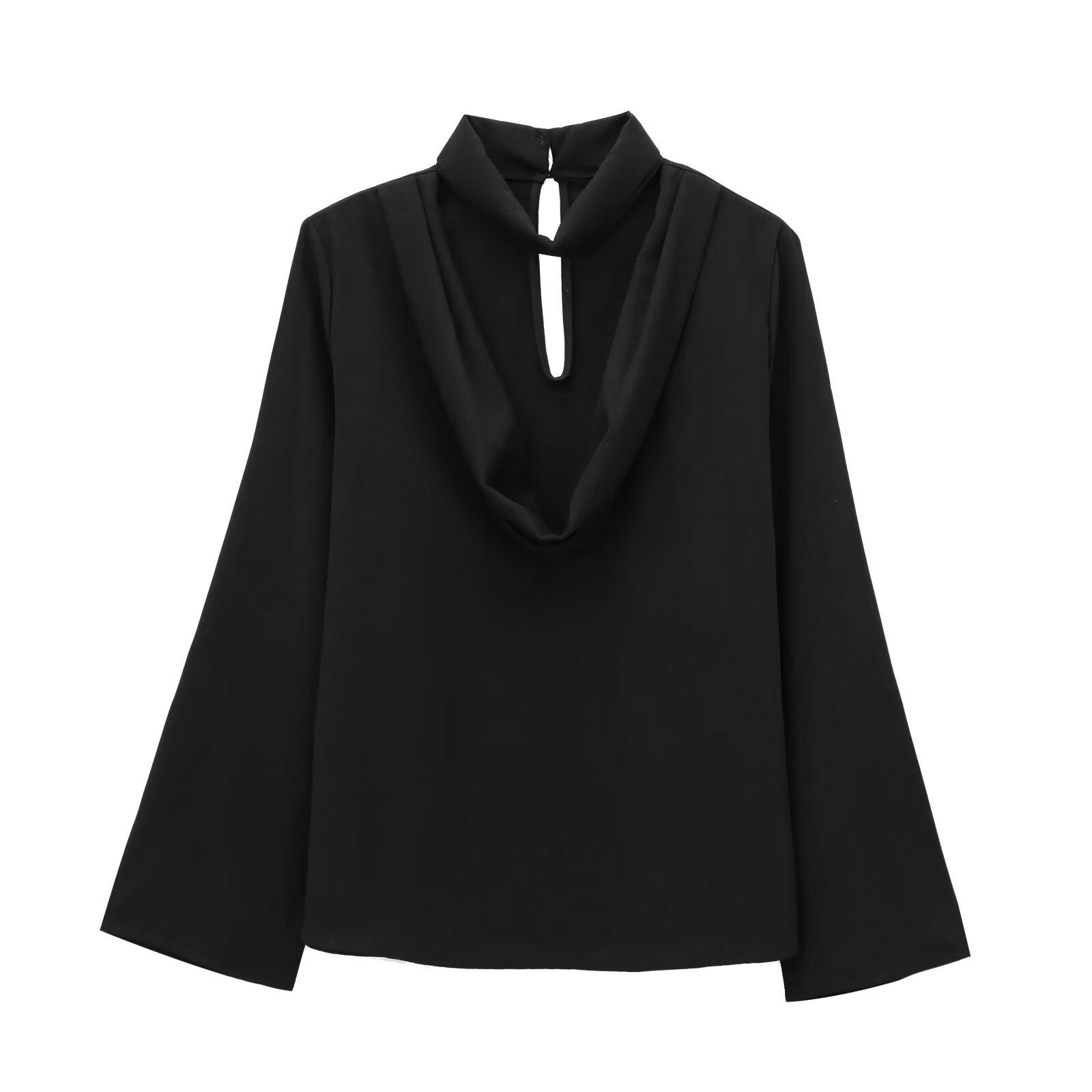 

2024 Зимняя женская рубашка в европейском и американском стиле с облегающим шею крепом, воротником-стойкой и длинными рукавами Small чёрный