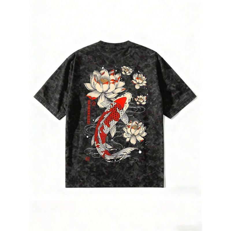 European sizes Men's Heavyweight Vintage T-Shirt - Koi Carp & for Lotus Back Print, Breathable Washed Fabric Suitable for Streetwear, Casual Outfits