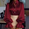 New Elegant Commuter Puff Long Sleeve Lapel Satin Womens Shirt Casual Loose Office Blouse New Lapel Simple Fashion Solid Color Tops