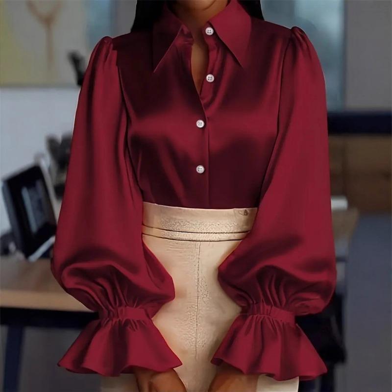 New Elegant Commuter Puff Long Sleeve Lapel Satin Womens Shirt Casual Loose Office Blouse New Lapel Simple Fashion Solid Color Tops