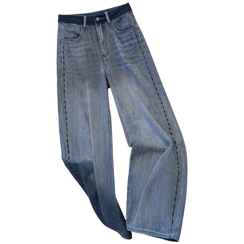 High-End Gray Fleece-Lined Wide-Leg Women's Jeans - Autumn/Winter 2024 Embroidered High-Waisted Loose Fit