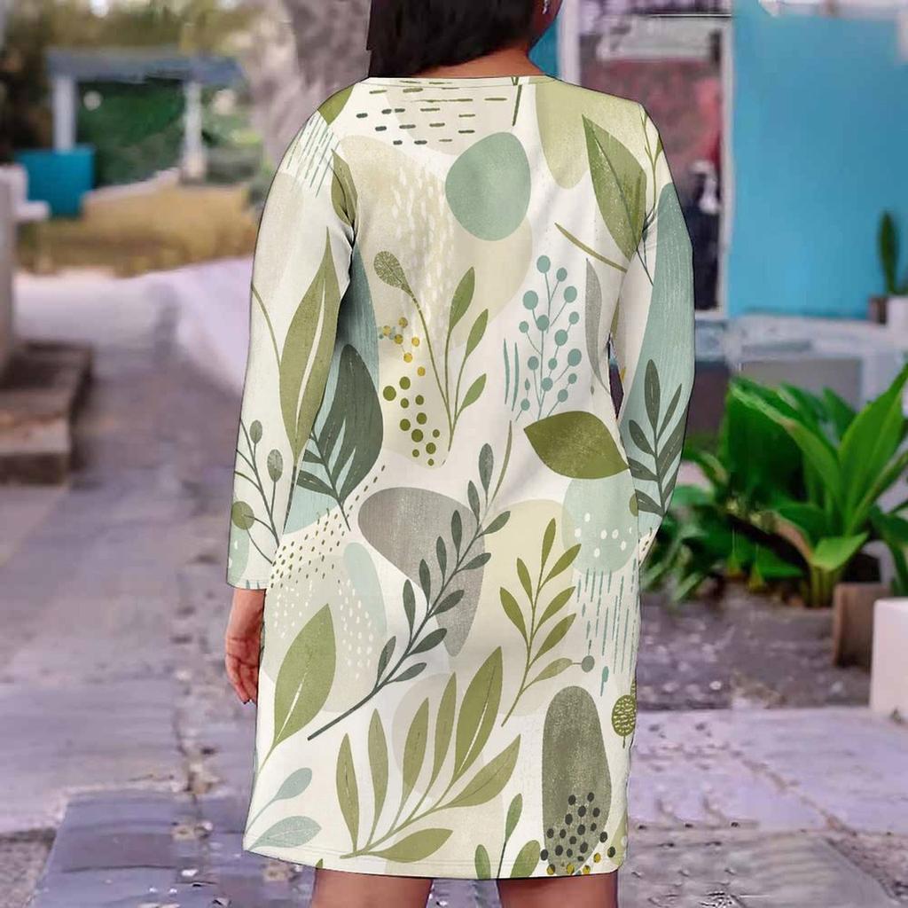 Women Plus Size V Neck Long Sleeve Tropical Leaf Printed Fitted Midi Dress