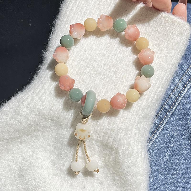 White Jade Bodhi Hand String Charcoal-Burned Little Cat Paw Single Circle Handheld Buddhist Beads Bracelet for Men and Women