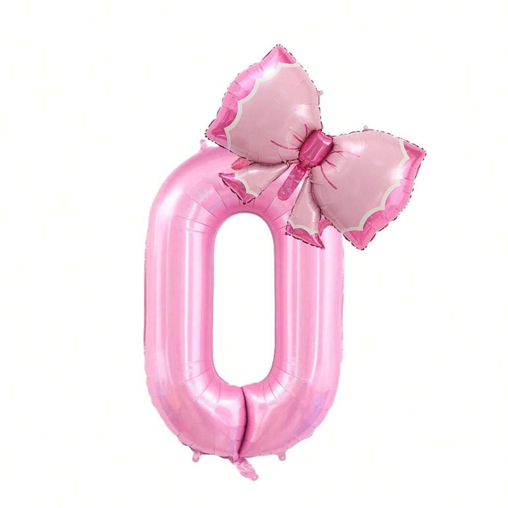 2pcs/Set 32" Pearlescent Pink Number & Bow Foil Balloon, Suitable For Birthday, Valentine's Day, Anniversary Party Decorations
