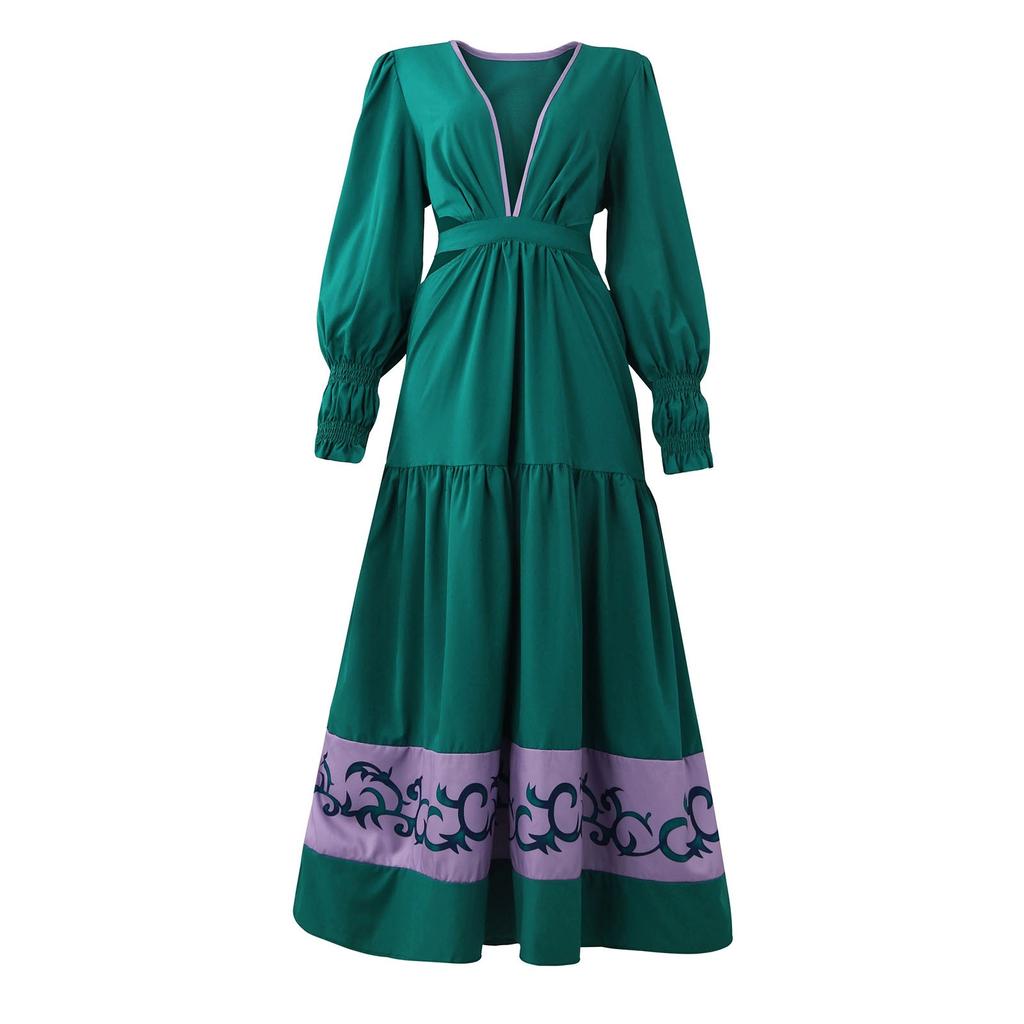 Women's Fashion Sexy Long Print V-Neck Long Sleeves Puff Sleeve Dress