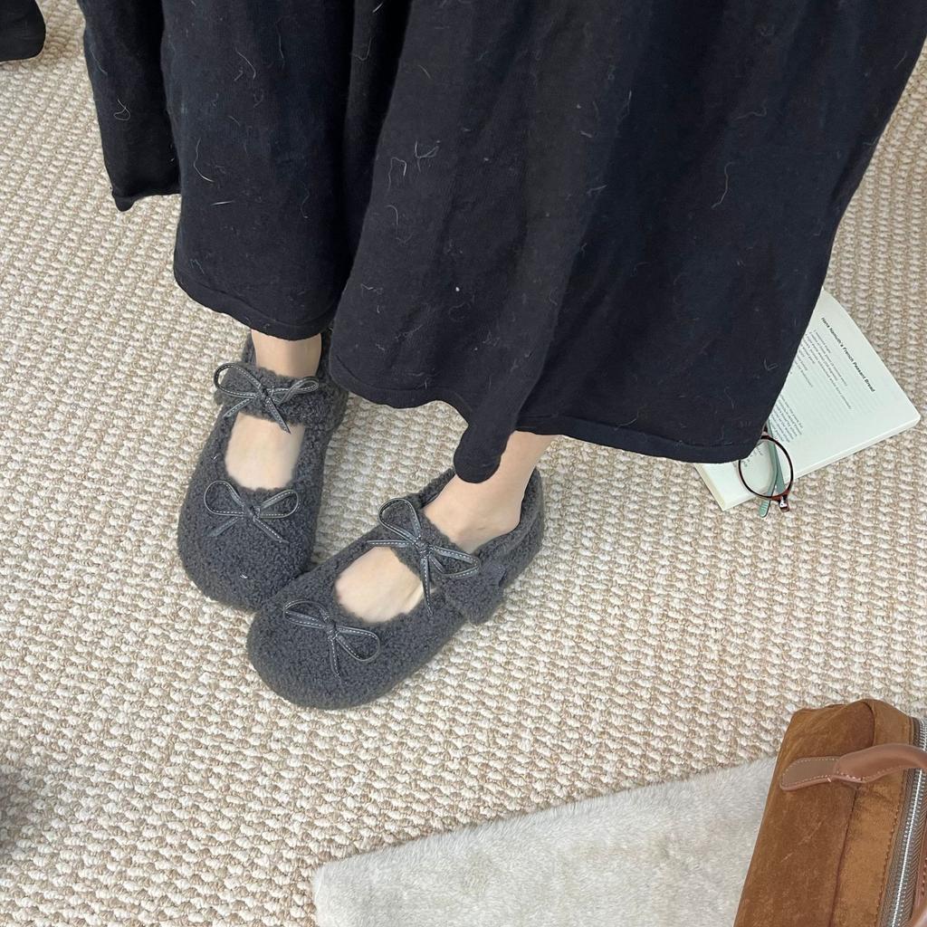 2025 vinter nya runda tå med sammet varma bönor mångsidiga Mary Jane plattform pendlar damskor