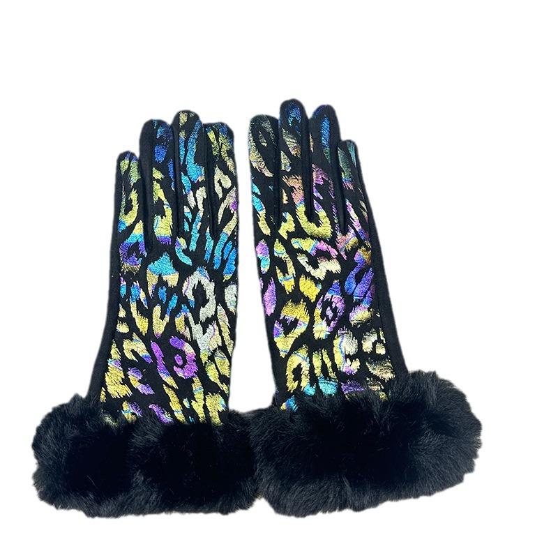 Gloves Women'S Warm Fleece Thickened Cute Cycling Gloves Touch Screen Leopard Print Hair Mouth Gloves