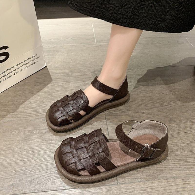 Women s Summer Shoes Square Toe Flat Sandals Leather Women Gladiator Sandals Slip on Ladies Beach Shoes 35