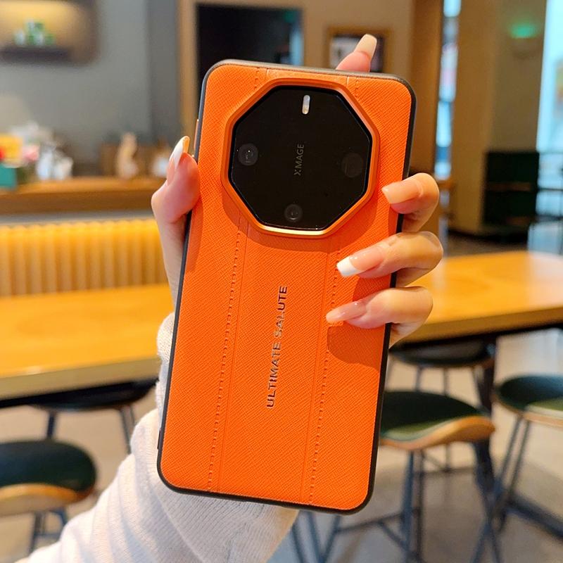Luxury Cross Texture Leather Design Case For Huawei Mate 60RS 50RS 40RS Slim Orange Camera Ring Shockproof Cover