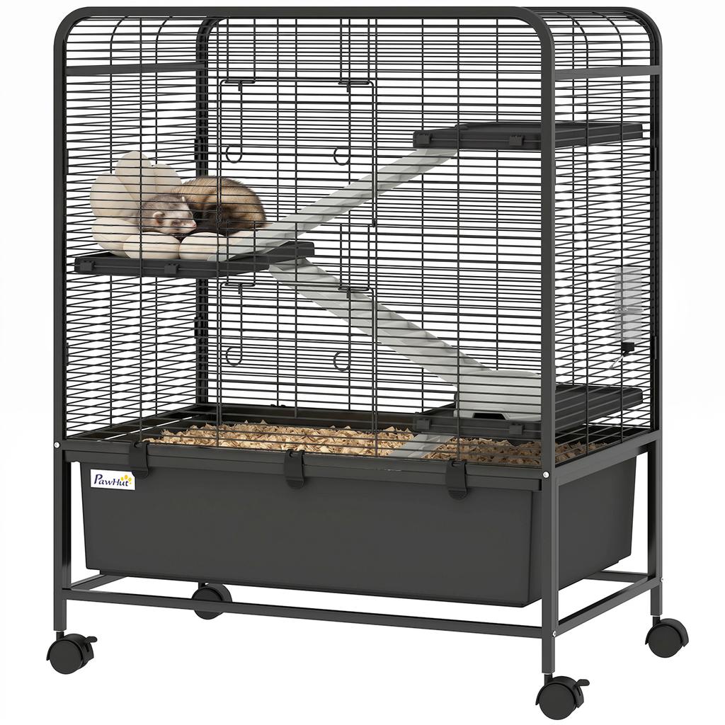 4-Tier Steel Rabbit Cage with Platforms, Ramps, Wheels, Water Tank and Removable Tray, Black