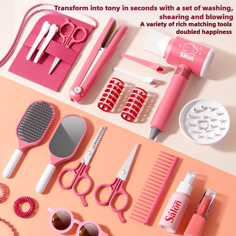 Girls Beauty Salon Set Kids Hair Beauty Makeup Set Simulation Hair Dryer Fashion Styling Tool Pretend Play House Gift Fun Game
