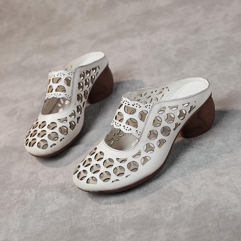 Baotou Women's Genuine Leather Mid-Heel Ethnic Style Slippers - Summer 2025 Hollow Soft Sole Sandals