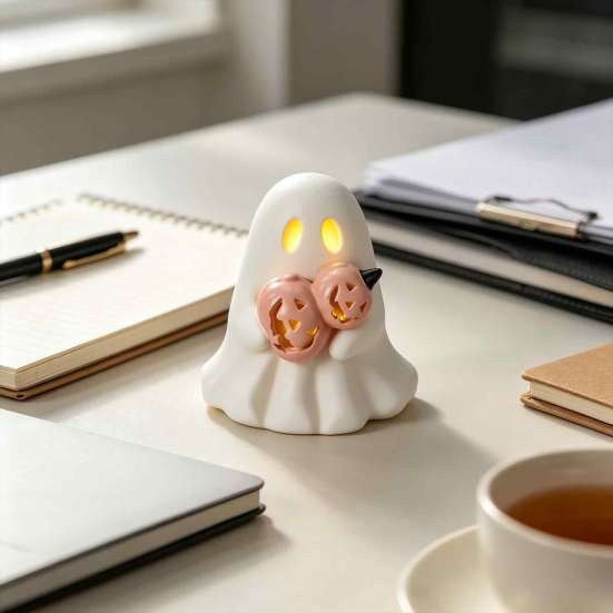 Farmhouse Halloween Decor Glowing Ghost Figurine, LED Light Up Ghost, Tabletop Pastoral Holiday Display for Tiered Tray Mantel Shelf And Indoor Autumn