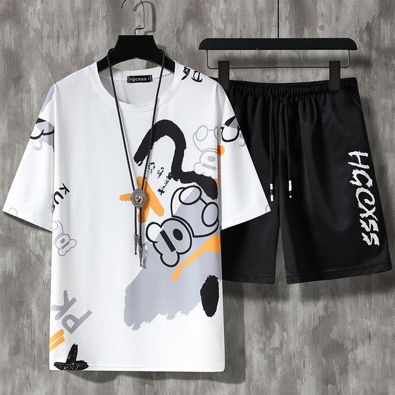 Summer Tshirt Shorts 2 Pieces Set White Tracksuit Men's Letters Print Vintage Streetwear Creative Pattern Men Sets Short Outfits