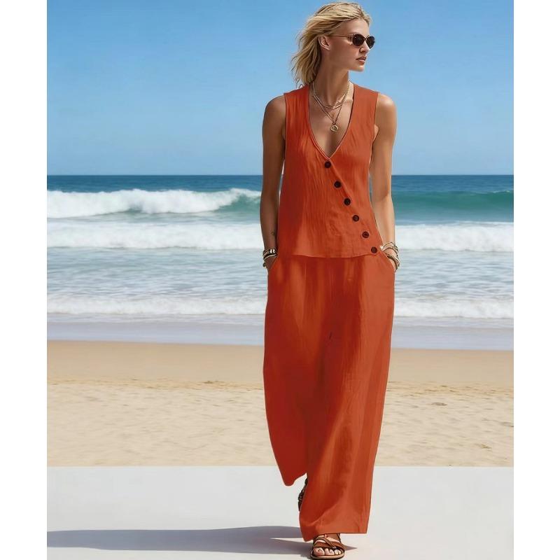 Womens Casual Sleeveless Button Top And Wide Leg Pants Two Piece Set
