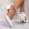 Pantofi cu toc ascuțit, cu perle și bareta la gleznă, pentru femei, cu toc înalt, din satin alb și bowknot, pentru banchet și petrecere, eleganti, cu toc stiletto