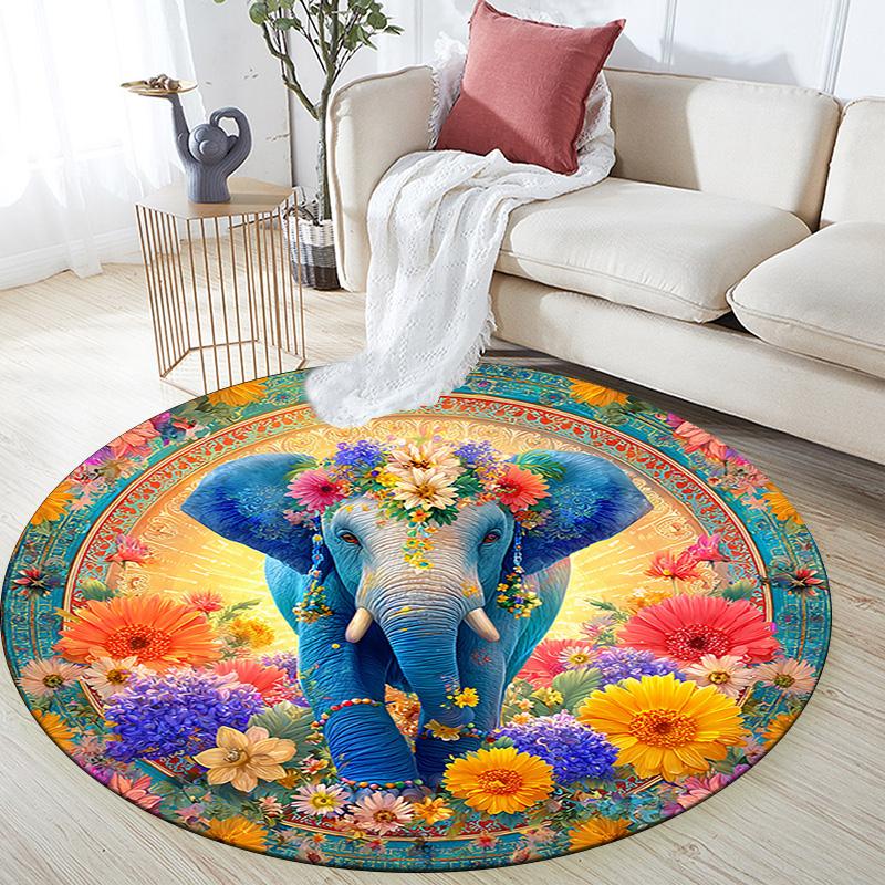 Elephant Round Area Rug,Carpet Rug for Living Room Bedroom Sofa Playroom Decor,Non-slip Floor Mat
