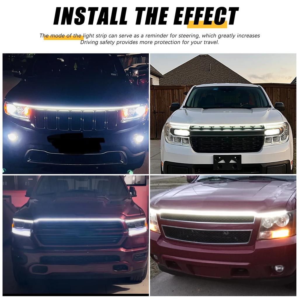 240cm LED Hood Light Strip Hood LED Light Strip With Amber Turn Signal Lights Waterproof Flexible White Dynamic Scan Start Up