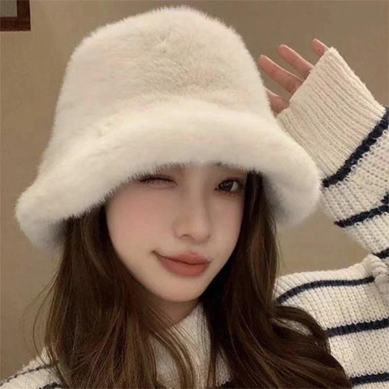 Winter Windproof and Warm Women's Fashionable Solid Color Plush Hat Cover Fluffy Fishing Hat Mountaineering Scarf Practical