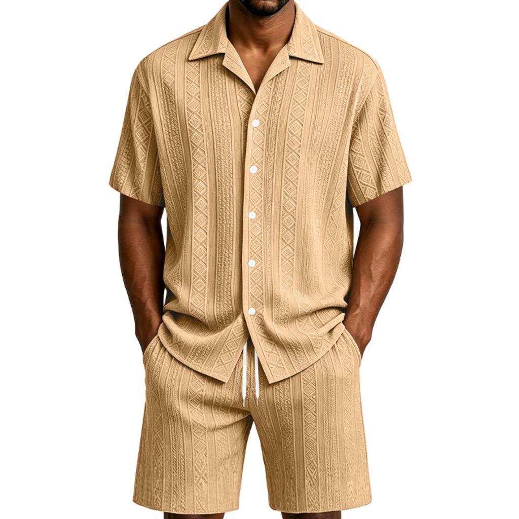 Completo Casual da Uomo a Maniche Corte con Bottoni e Pantaloncini Leggero Traspirante Due Pezzi Adatto per Attività Estive all'Aperto e Tempo Libero