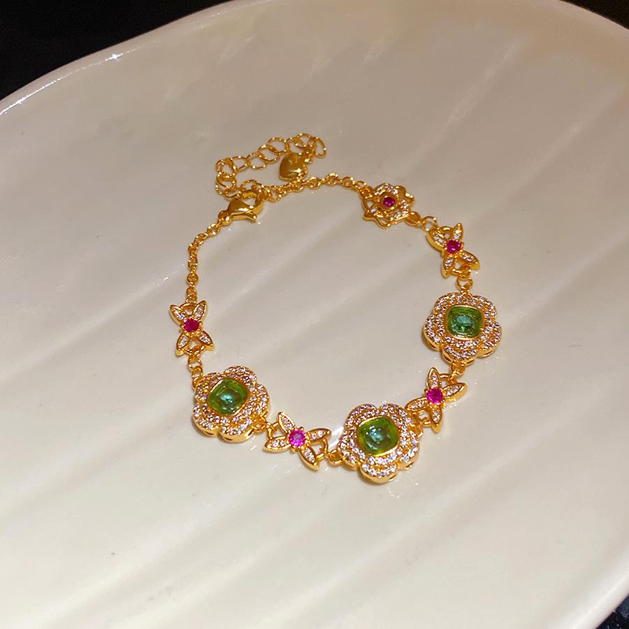 Браслет-цветок с цирконами, покрытый 24-каратным золотом - Французский ретро, Универсальный, Легкая роскошь