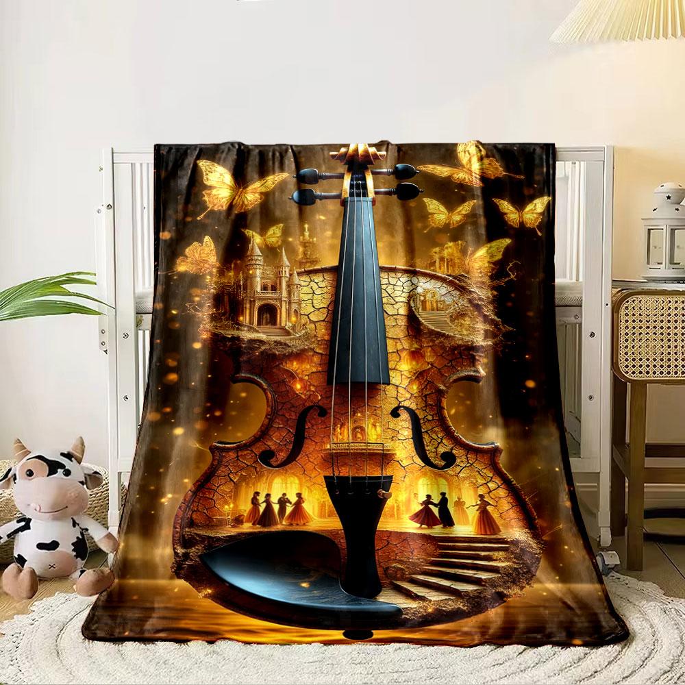 A Violin Blending Golden Castles, Butterflies, and Elegant Dancers' Motifs. for All Seasons Blanket Lunch Break Throw Gift