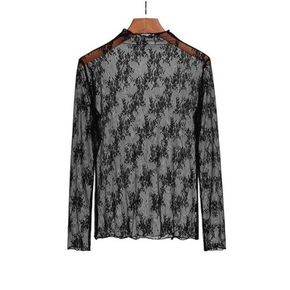 Mesh Lace Bottomed Blouse Hollow Lace Floral Shirts Elegant Transparent T-shirt Spring Autumn