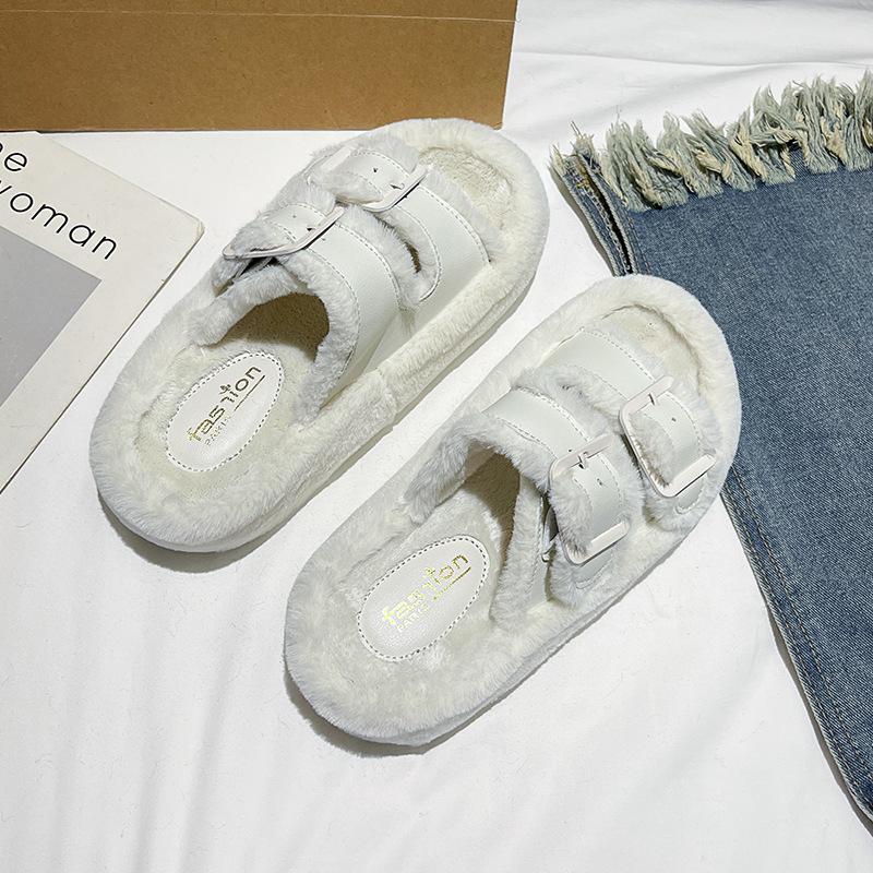 Fashion Korean Belt Buckle Designer Fur Slippers for Women Fashion Casual Autumn Winter Cotton Slippers Shoes Ladies