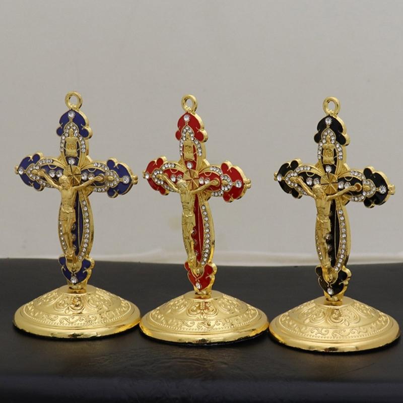 Handmade Enameled Zinc Crucifix Ornament Church Supplier Metal Crucifix with Stand Religious Decoration