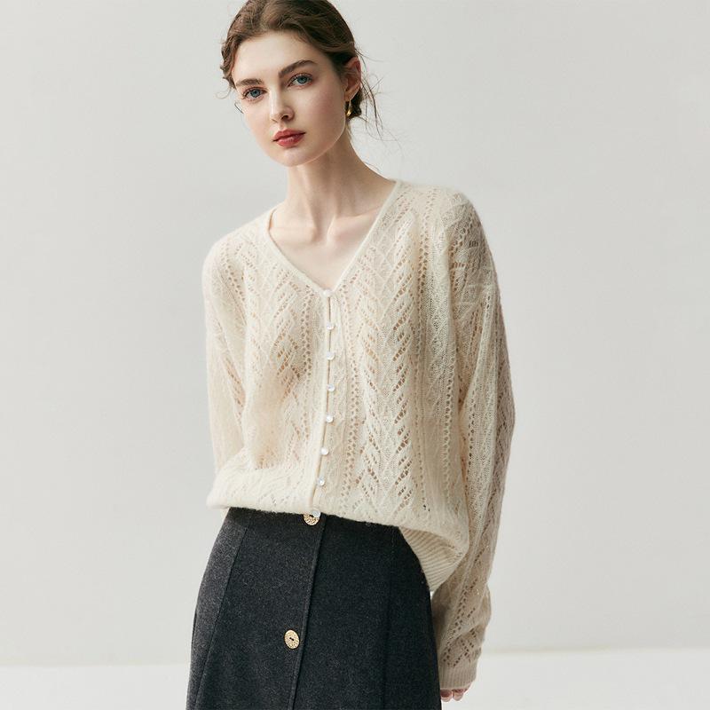 Women's Cashmere Silk V-Neck Hollow Out Cardigan Sweater Cover-Up
