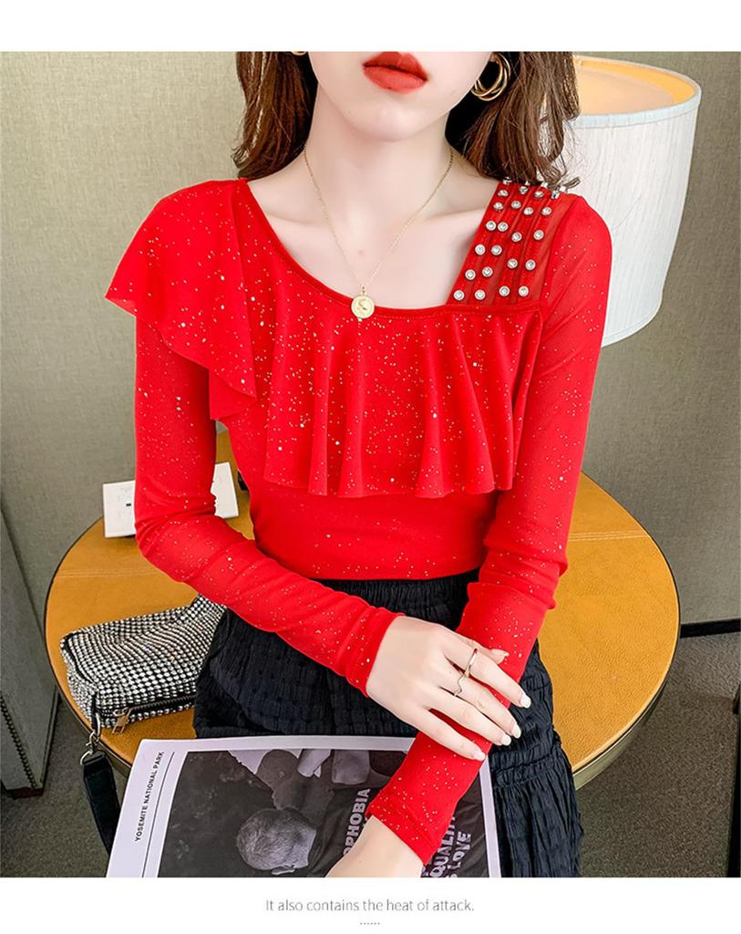 TAITENG Ballroom Dance Sparkly Practice Ruffled Long Sleeve Elegant Paso Doble for Stage and T-Shirt, Dancewear, Wear, Cut-and-Sew Top, Sheer,