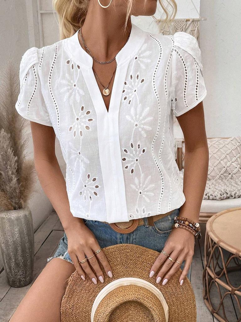 Wind New Women's Outward Bound Clothing Hollow Lace V-Neck Cardigan Short Sleeve Shirt for Women
