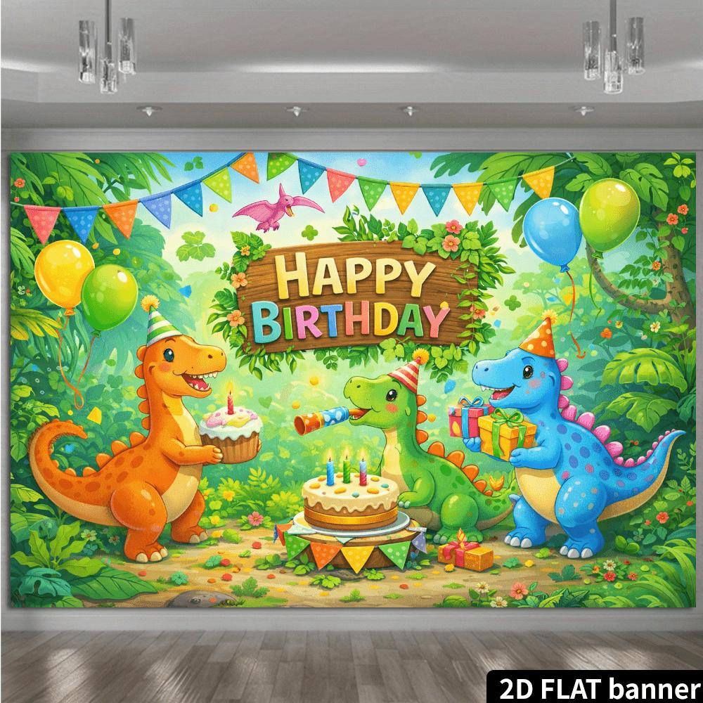 Pânză de fundal 2D plată, dintr-o singură bucată, pentru petrecerea de ziua de naștere cu dinozauri. Potrivit pentru petreceri interioare și exterioare. Decorativ pentru fotografie.