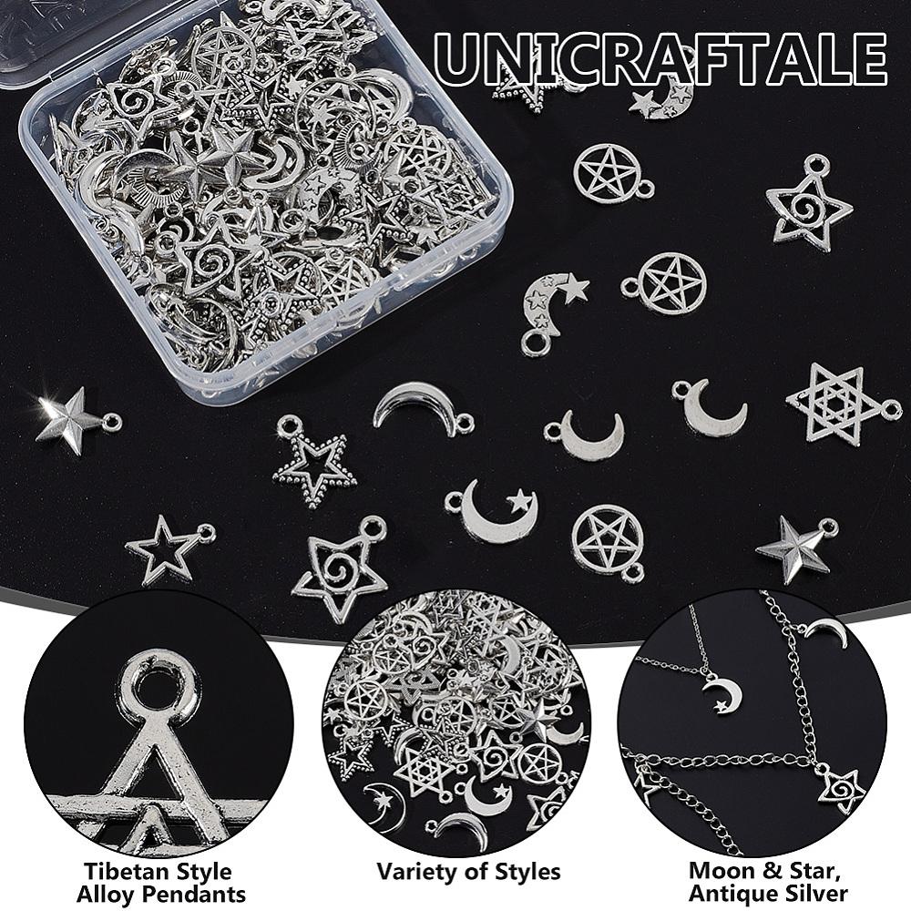 120Pcs 12 Styles Tibetan Style Alloy Pendants Lead Free and Cadmium Free Moon & Star Antique Silver 14.5~20x9.5~16.5x1~3.5mm Hole: 1.5~3mm