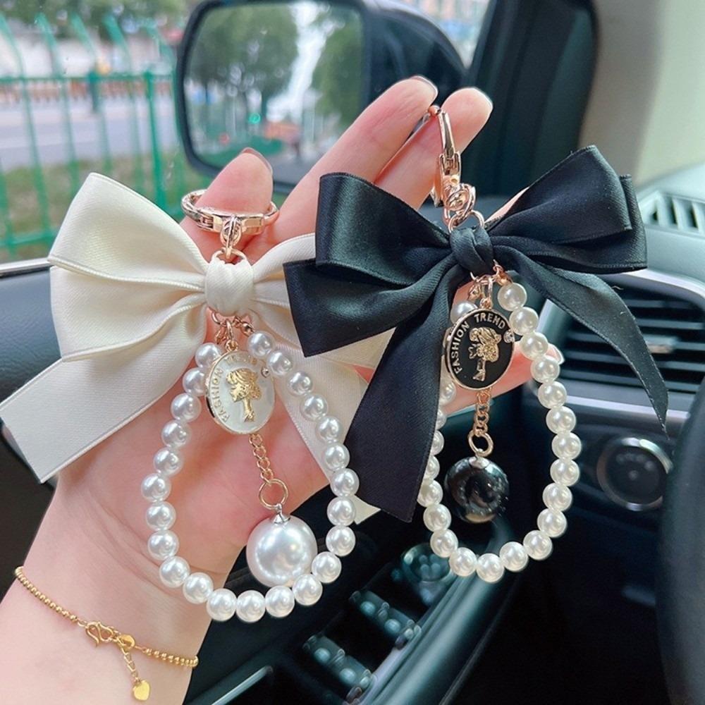 Pearl Chain Bow Key Chain Car Pendant Car Key Holder Fashion Pearl Beaded Pendant Keyring