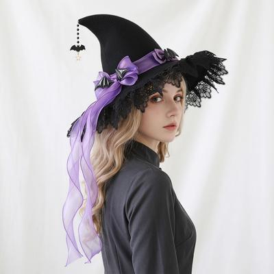 Pearl Yarn Halloween Hat Bow Ribbon Cosplay Accessories Pointed Mage Hat  Masquerade Ball
