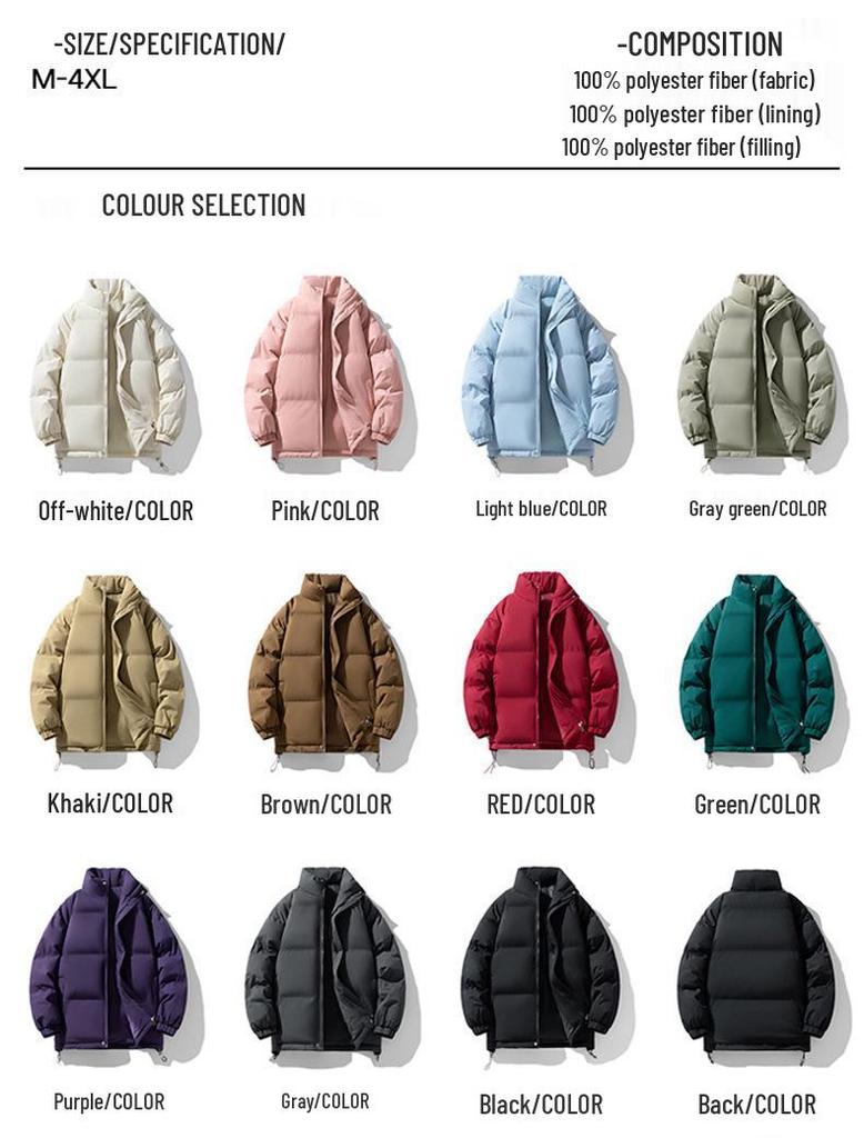 Winter Cotton Padded Jacket: Thickened, Plus Velvet, Couple Style, Stand Collar, Bread Jacket for Men & Women, Available In 11 Colors.