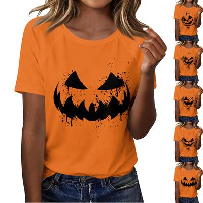 Women Casual Short Sleeve T Shirt Halloween Pumpkin Face Print Crew Neck Lightweight Top for Everyday Wear