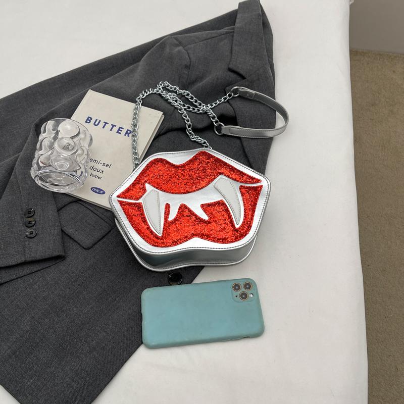 Personality Trendy Women's Shoulder Bag Flame Red Lips Vampire Sequin Decoration Female Messenger Bag For Halloween Party