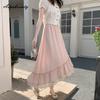 French Style Spring Summer Women Irregular Skirt High Waist Black White Pink Lace Patchwork Skirt Sweet Ruffles Princess Skirts