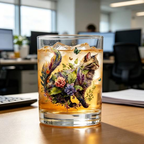 Cute Cat Floral Glass, Juice Coffee Cup, Milk Tea Glass Mug, Artistic Whiskey Coffee Mug for Home Bar, Gift for Cat Lovers