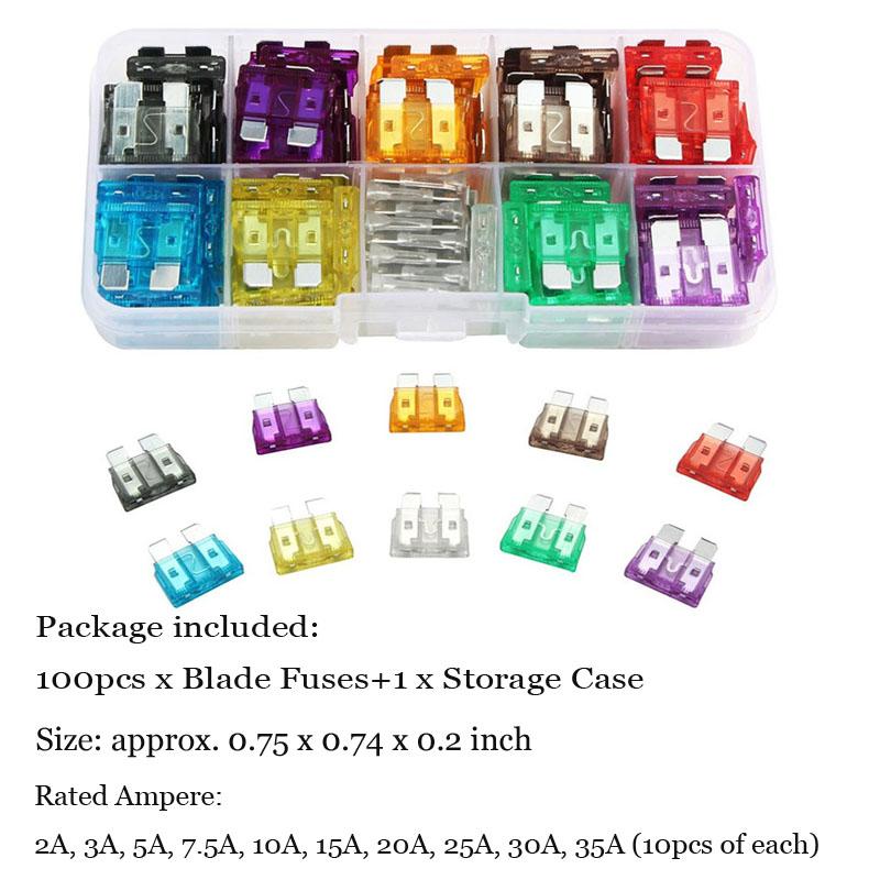 Mini-/Klein-/Standardgröße, Sicherungssortiment für Kfz-Sicherungen mit Flachstecksicherung, 2,5/3/5/7,5/10/15/20/25/30/35 A, Sicherungssatz für Auto und LKW mit Box-Clip