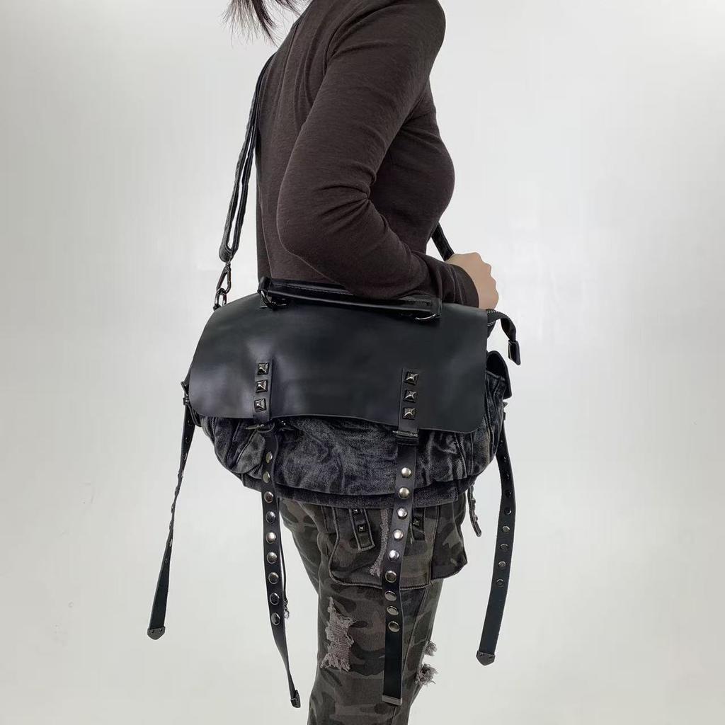 Ladies Vintage Denim Splicing Tote Bag Rivet Long Shoulder Strap Tassel Crossbody Bag