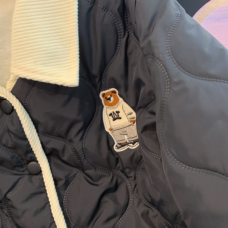 Cute Bear Embroidery and Stylish Contrasting Collar On Women's Cotton Jacket, Keeping You Warm and Trendy In Winter