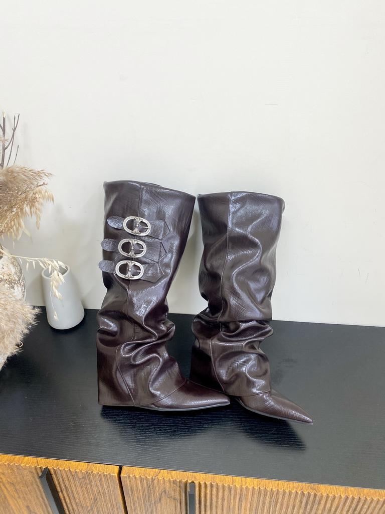 European and American style metal buckle pointed head wedge heel thin trouser tube boots